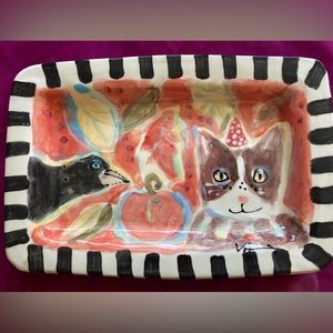 Handmade Ceramic Rectangular Platter Cat and Crow Pumpkins 12”x8”Original